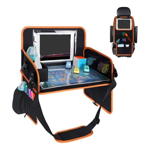 Kids Travel Tray, Car Seat Organizer Toddler Tray with Dry Erase Board MENZOKE Car Lap Desk Table with iPad Holder, Storage Pocket, Kids Active Eating Tray for Road Trip, Airplane, Stroller, Black