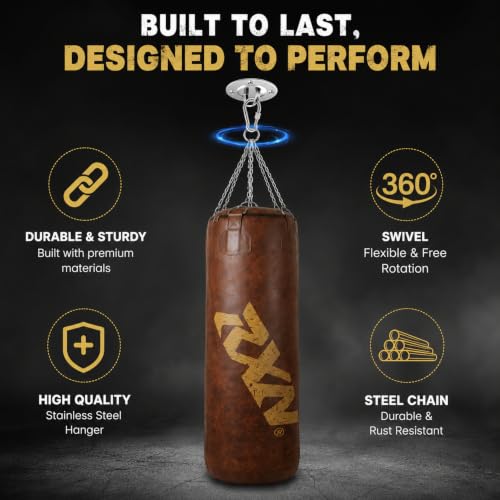 Image of RXN Powerstrike Boxing Punching Bag (Brown, 90 CM) | Synthetic Leather | Pre-Filled | Heavy-Duty Build | 4-Way Chain Included | Boxing, MMA & Kickboxing Training