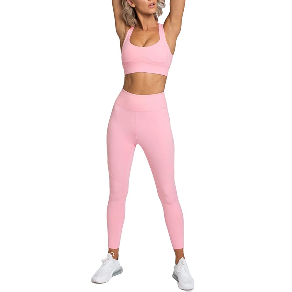 Hotexy Women Workout Sets 2 Pieces Suits High Waisted Yoga Leggings with Stretch Sports Bra Gym Tracksuits Active Set, 0-pink, Large