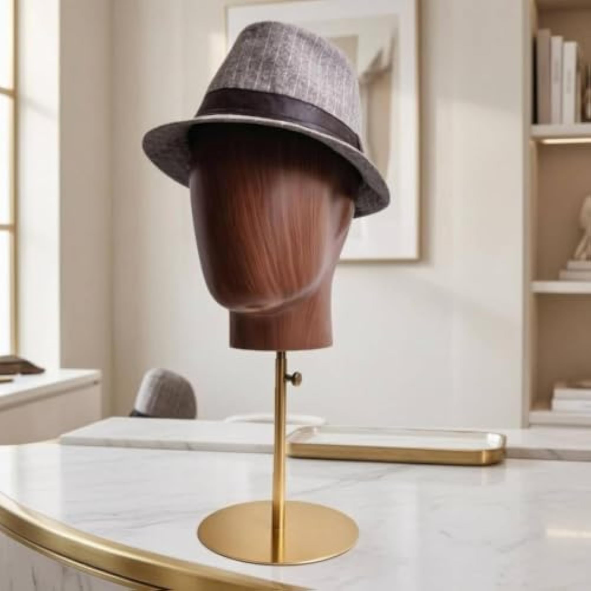 Wood-Grain Freestanding Hairpiece Display Stand, Adjustable
