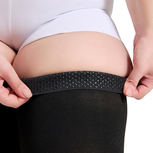 Image of Plus Size 4XL Thigh High Compression Stockings Footless- 15-20mmHg Moderate Full Leg Support Hoses with Unisex Reinforced Silicone Top Band, Breathable Fabric in Black for Nurses & Extended Standing