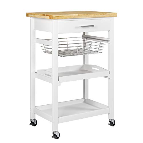 Homfa Carrito de Cocina Carrito de Servicio Carro de Almacenaje con Ruedas Bloqueables Carrito Auxiliar Multifuncional con Cajón Bandeja Estante Cesta de Red Blanco 58x40x86cm