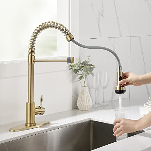 Rainovo Kitchen Faucet With 4 Mode Pull Down Sprayer Brushed Gold, Spring Kitchen Sink Faucet Stainless Steel With Deck Plate, Single Handle Faucets High Arc Modern With Pull Out Sprayer #TOP2