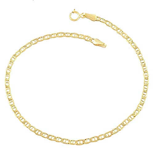 14K Gold Anklets for Women. 14K 10 Inch Anklet, Gold Flat Mariner Anklet, 14K Gold Box Chain, Cuban Chain, Figaro Chain, Dainty Anklet Summer Beach Gold Jewelry, Foot Jewelry Ankle (Marina Link)