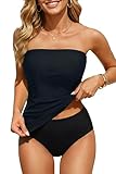 Aqua Eve Bandeau-Badeanzüge für Damen, zweiteilig, gerüscht, Bauchkontrolle, Tankini-Set, trägerlose Bademode, Schwarz, Large