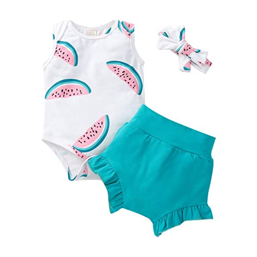 Aweyoo Summer Clothes for Toddler Girls Shorts Set Watermelon Print Sleeveless Bodysuit Elastic Short Pants with Headband