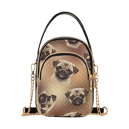 Cute Pug Puppies Brown Single Shoulder Handbag Women Chic Phone Purse Chain Strap Handbag Quilted Zipper Designer Bowler Tote