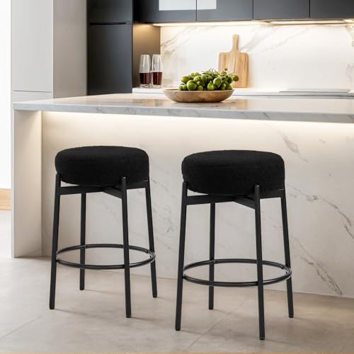 Butacos giratorios redondos VINGLI de 24", juego de 2 unidades, tapizados en lana teddy, sin respaldo, para isla de cocina o barra, altura de mostrador, color negro miniatura 1