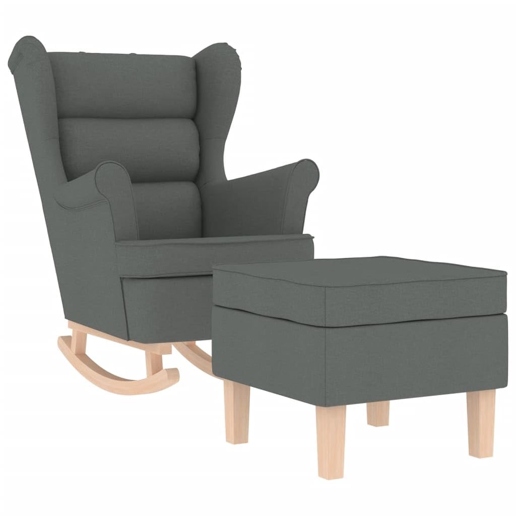 Poltrona a Dondolo con Poggiapiedi, Comfortevole Imbottitura in Gommapiuma, Tessuto 100% Poliestere e Legno di Gomma, Dimensioni 74x90x102 cm, Grigio Scuro for Soggiorno, Camera da Letto e Ufficio