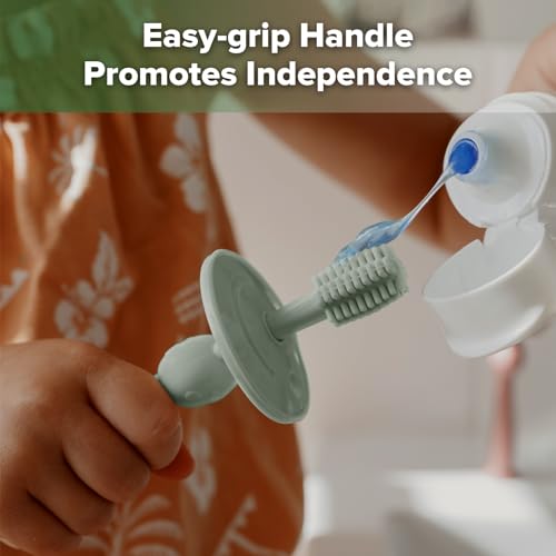 Image of haakaa 360 Baby Toothbrush with Suction Base - Pea Green | Gentle Cleaning for Infants, Gum Massage, BPA-Free, Food-Grade Silicone, Adjustable Safety Shield, Safe for Babies 6 Months+