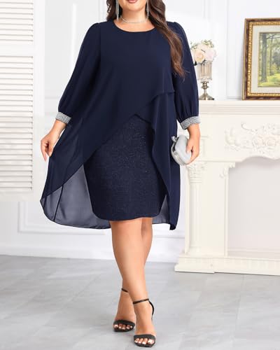 Plus Size Cocktail Dress - Elegant Chiffon Cape 3/4 Sleeves Glitter Evening Party Wedding Guest Dresses Women Formal2