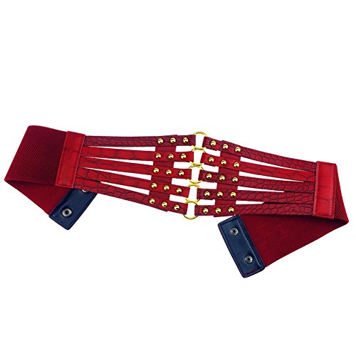 Fashion Women's PU Leather Wide Waist Belt Hollow Out Rivets Stretch Cinch Waistband3