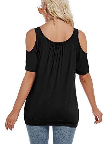LEIYEE Womens Cold Shoulder Tops Summer Sexy Casual Short Sleeve Ruched Scoop Neck Banded Bottom Shirts Blouse4