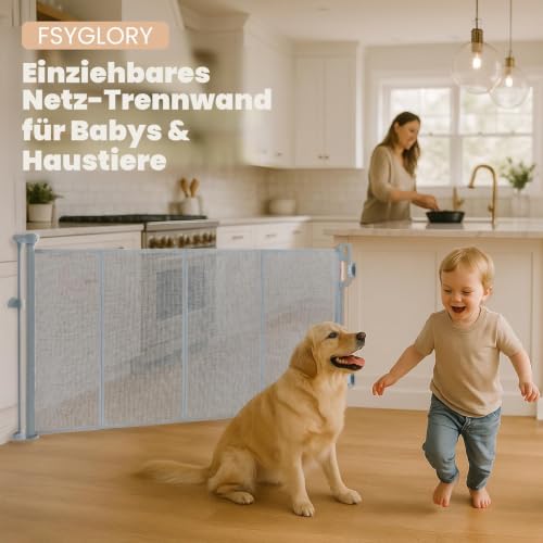 FSYGloryGlides Ausziehbares Sicherheitsgitter für Kinder und Haustiere, 140 cm Breite, 86 cm Höhe, Einfach zu bedienen, Haustierzaun für Treppen, Türen, Flure, Innen- & Außenbereiche
