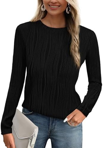 PRETTYGARDEN Long Sleeve Tops for Women 2025 Spring Fall Trendy Business Dressy Casual Shirts Crewneck Textured Blouse