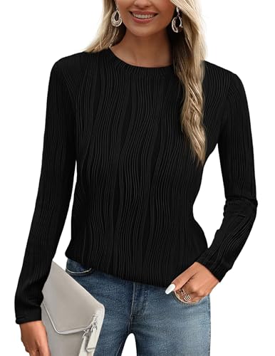 PRETTYGARDEN Long Sleeve Tops for Women 2025 Spring Fall Trendy Business Dressy Casual Shirts Crewneck Textured Blouse