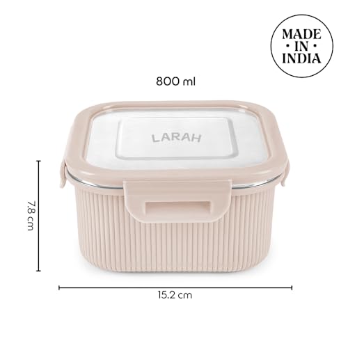 Image of Larah by BOROSIL Freshbyte Food Storage Container with Airtight Stainless Steel Lid | Fridge Container for Lunchbox | Food Grade | Microwave Safe (Beige, 800 ml, Square)