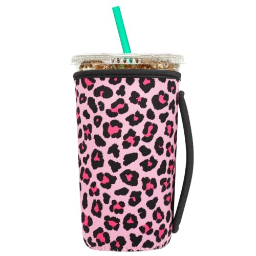 Image of Insulated Neoprene Cup Sleeve for Iced Coffee & Cold Soda - Reusable & Sweatproof, Keeps Drinks Cold Longer, Coffee Coolie for Hot & Iced Drinks (Pink Leopard Print, Large: 32oz)