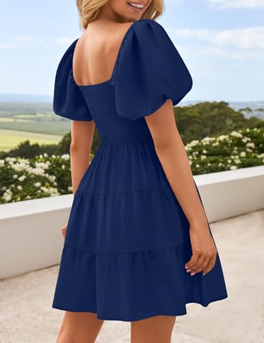 Image of ZESICA Women's Boho 2026 Summer Square Neck Puff Sleeve Off Shoulder Smocked Tiered Casual A Line Short Mini Dress