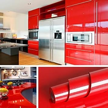 WISDOM Vinyl Contact Paper Decorative for Cabinets Countertops Kitchen Shelves Liner Self Adhesive Film Peel and Stick Waterproof Removable Wallpaper (2 Feet by 6 Feet, Red Glossy)