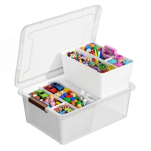 Image of MACOPRO 17QT Craft Storage Box with 2 Removable Caddy Trays, Clear Stackable Plastic Organizer with Lid for Art Supplies, Beads, Sewing Tools, Pens & Kids Toys (White, 1Pack-2-in-1)