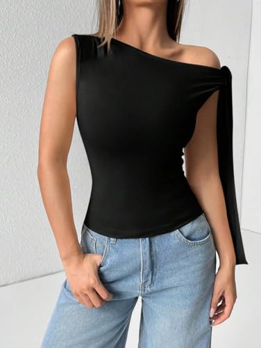 Image of TIVANTE Solid Asymmetrical Shoulder Tie Strap Crop Top for Women