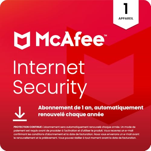 McAfee Internet Security 1 Appareil 2026 | 12 mois | Protection en temps réel des ordinateurs | automatiquement renouvelé chaque année | Téléchargement numérique