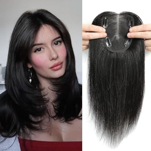 YAMI Real Human Hair Toppers - Clip in Hair Extensions, Larger Swiss Base, 12 Inch, 40g, Natural Black