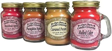 Our Own Candle Company 4 Pack Fall Assortment Mini Mason Jar Candles – 3.5 Oz Caramel Pecan, 3.5 Oz Mulled Cider, 3.5 Oz Pumpkin Spice, 3.5 Oz Macintosh Apple