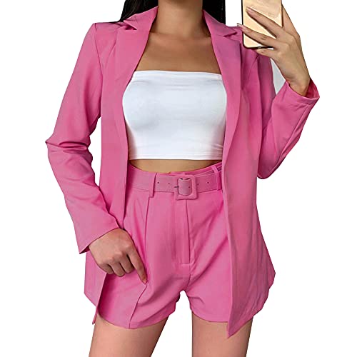 Tcremisa Blazer Shorts Set for Women 2 Piece Long Sleeve Open Front Blazers Short Suits Business Outfits with Belt2