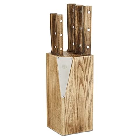 Barbary & Oak BO851035, Hoxton Vintage 5 Piece Knife Block with Block Knife Storage, Ergonomic Wooden Handles, Ash Wood and Stainless Steel Cover