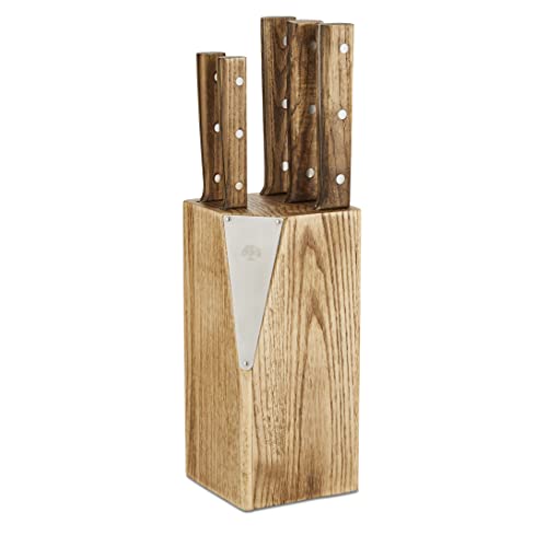 Barbary & Oak BO851035, Hoxton Vintage 5 Piece Knife Block with Block Knife Storage, Ergonomic Wooden Handles, Ash Wood and Stainless Steel, Brown