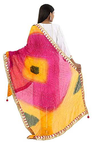 Image of Women's Jaipuri Art Silk Bandhej Rajasthani Bandhani Dupatta with Gota Patti Lace