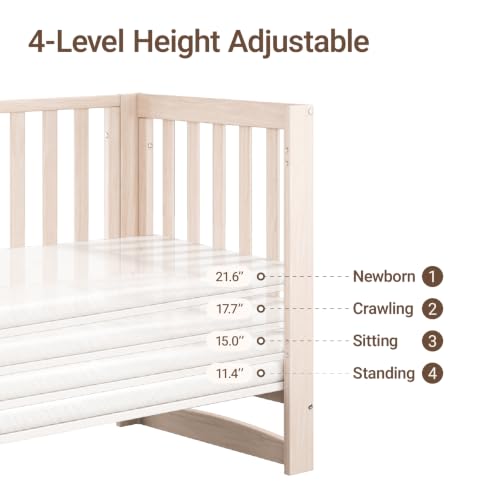 Image of MAMAZING EvoNest 6-in-1 Convertible Baby Mini Crib with Wheels | GREENGUARD Gold Certified, New Zealand Pine Wood, 4 Adjustable Heights, Rocking Mode, Small Spaces Design, Washed Natural