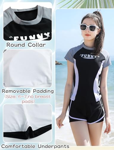Image of SEAUR Teen Girls Swimsuit Rash Guard Swimwear Short Sleeve High Waisted Bikini Set Bathing Suits with UPF50+ Shorts Black Grey 11-13 Years