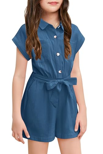 Haloumoning Niedlicher Jumpsuit für Mädchen Sommer Kinderoverall Button Down mit Gürtel Kinder kurzer Romper mit Taschen Blau, 12-14 Jahre