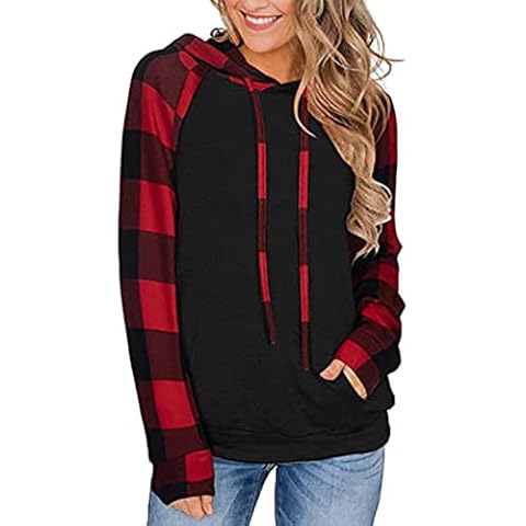 ABYOVRT Women's Hooded Pullover Long Sleeve Pullover Leisure Sports Hoodie Sweatshirt Sweater Top Tops, Red plaid, XXL Cover