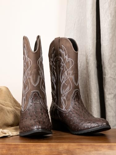 Image of Western cowboy boots, ostrich leather, embroidered design, brown, mid-calf, men's antique ostrich embossed exotic western boots round head.