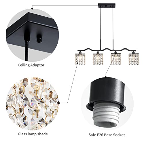 Image of WUZUPS Crystal Chandelier 4-Light Linear Raindrop Pendant Ceiling Light Modern Lighting Fixture for Bedroom Dinning Room Bar Kitchen Island, H8.7'' W4.7'' L30.5, E12 Base, Black