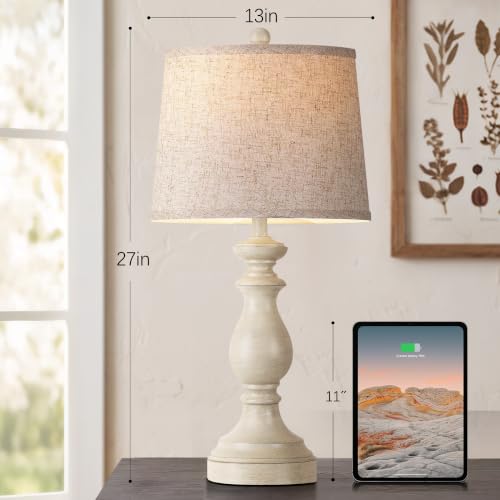 Image of PARTPHONER Traditional Table Lamp Set of 2, Rustic Farmhouse Table Lamps for Living Room Bedroom, 27 inch Bedside Desk Lamps Vintage Nightstand Lamps with Linen Shades, Antique White