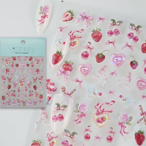 CESTSIREN Strawberry Nail Art Stickers, Cute Pink Cherry Nail Decals,