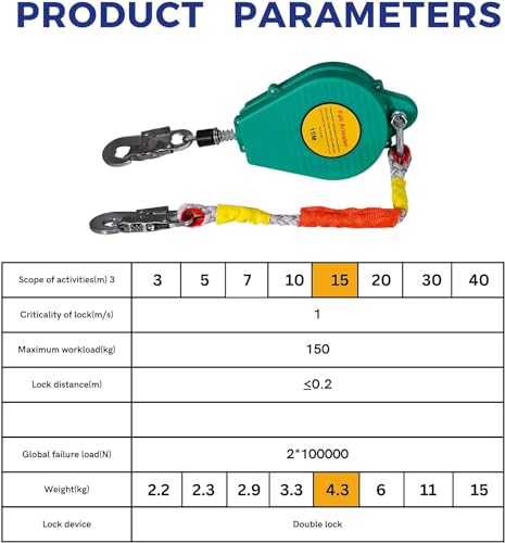 Image of 49ft Self Retracting Lifeline, 330lbs Retractable Fall Arrester, Fall Protection Lanyard, Double Lock Safety Harness for Construction, Dual Swivels, Flame Retardant Steel Wire(Φ3.2mm)