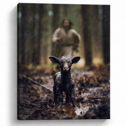 Image of GUN SUPPLIES OUTLET LLC Jesus and Lamb Canvas Wall Art Black Sheep Lost Picture Wall Art Canvas Print Christian Home Decor 12x16 inch