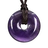 Keleny Natural Dark Purple Amethyst Crystal Gemstones 30mm Circle Coin Peace Donut Pendant Adjustable Braided Brown Rope Necklaces