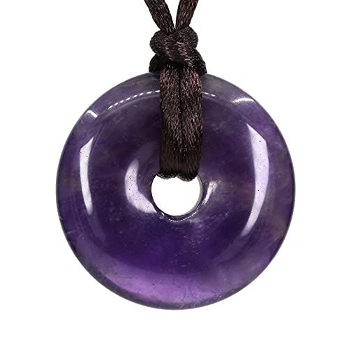Keleny Natural Dark Purple Amethyst Crystal Gemstones 30Mm Circle Coin Peace Donut Pendant Adjustable Braided Brown Rope Necklaces #TOP12