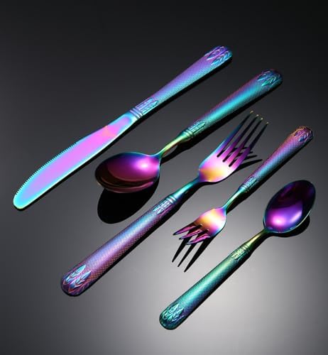 20-Piece Gold Stainless Steel Flatware Set, 304 Steel Cutlery for 4, Includes Thick Steak Knives, Dinner Knives, Forks & Spoons, Rainbow 5-Piece Set, Durable & Elegant Design