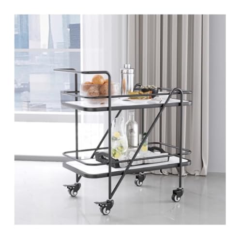 FENGJISUN Carrito De Cocina Móvil Multifuncional Carrito De 2 Niveles con Ruedas, Metal para Servir Bebidas, Almacenamiento Cocina Mármol, para El Hogar Y Hotel(Black+White)