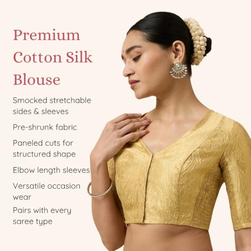 Image of Studio Shringaar Women's Brocade Side Stretch (Smocked) Readymade Saree Blouse