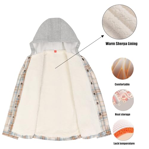 ThCreasa Unisex Toddler and Kids Plaid Snap Sherpa Lined Flannel Shacket Shirt Jacket with Hood3