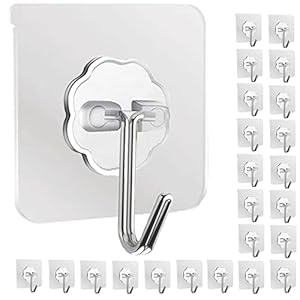 DDMY Adhesive Hooks Wall Hooks, 24 Packs Hooks for Hanging Transparent Reusable Seamless Hooks 13.2LB(Max), Waterproof Bathroom Kitchen Heavy Duty Self Adhesive Hooks
